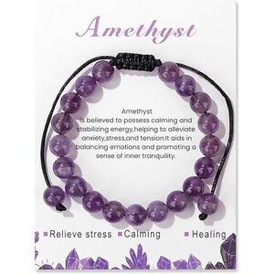 Amethyst Bracelet 8Mm Handmade Adjustable Purple Beaded Healing Crystal Bracelet